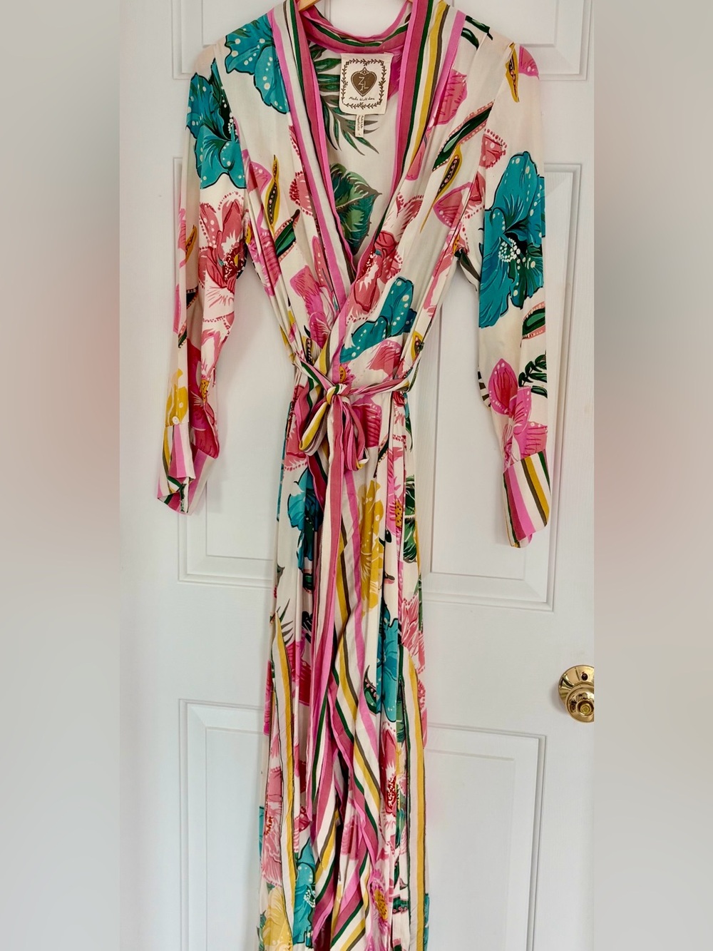 Floral Stripe Wrap Maxi Dress in Pink, Teal & Yellow